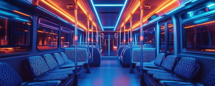 NIght-time view of lighted bus
